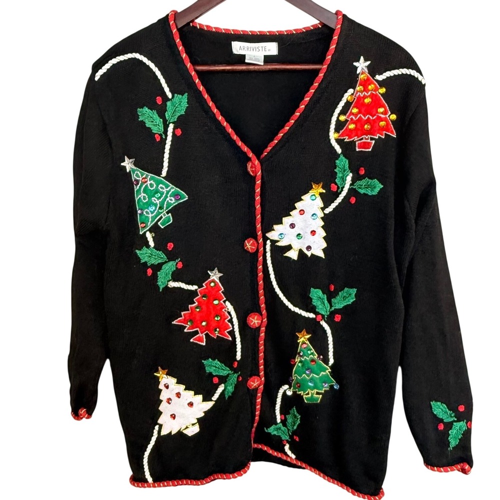 Arriviste Vintage Christmas Cardigan Sweater Black Embroidered Tree Sequin L